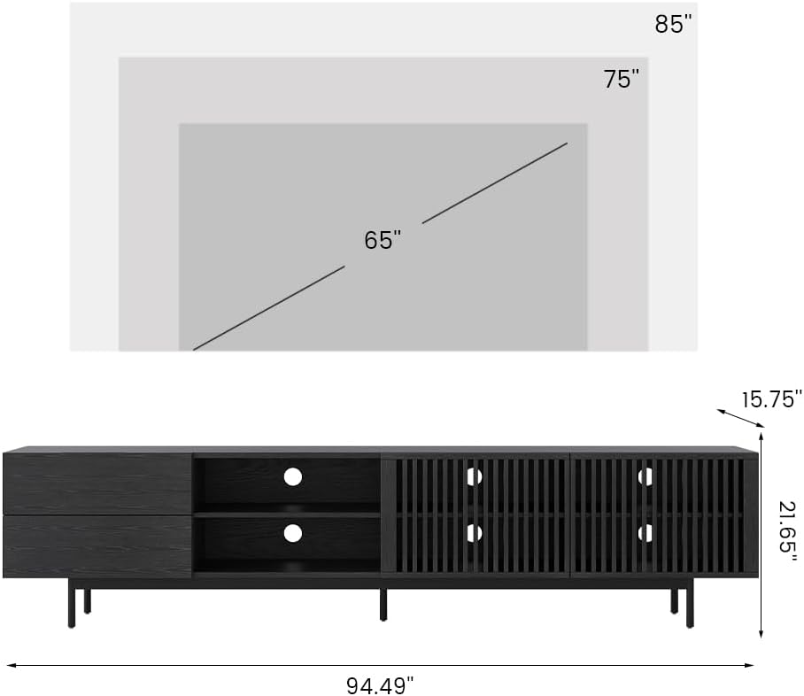 POVISON Mid Century Modern TV Stand, 94.49" Black Solid Wood Media Console for 75 inch TV, Full Assembled Entertainment Center with Storage for Living Room, Tall Cabinet with Metal Legs