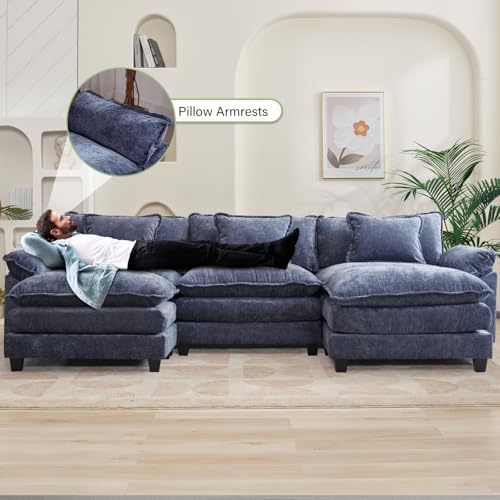 Oprisen 120" Modular Sectional Sofa, Comfy Deep Cloud Couch with Ottoman | U-Shaped Couches for Living Room, Modular Couch, Deep and Wide Seat, Chenille Sofa Sleeper with Throw Pillows, Blue