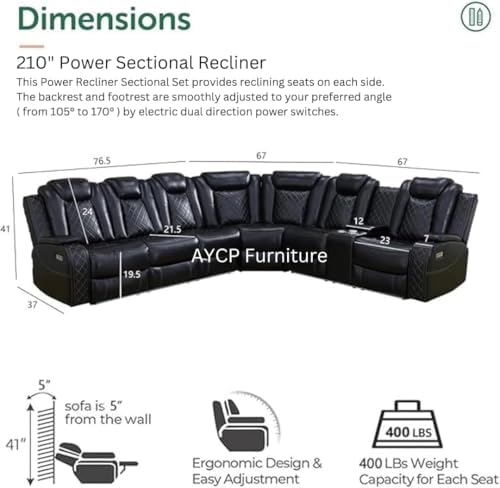 Power Recliner Sofa Sectional Sofa with LED Light for Living Room, Air Leather Reclining Corner Sectional Sofa Set, Cup Holder, Storage Console for Home Theater Seating (Black, Sectional)