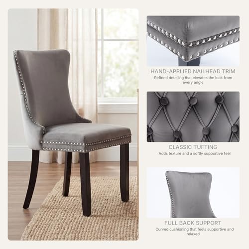 Gray Velvet Dining Chairs Set of 6, Fabric Upholstered Kitchen & Dining Room Chair, Tufted Mid Century Modern Dinning Room Chairs, High Back, Wood Legs, Sillas de Comedor