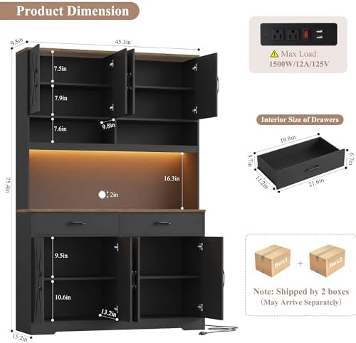 HOSTACK 75" Tall Kitchen Pantry Storage Cabinet, 45" W Hutch Cabinet, Black | Farmhouse Pantry Cabinet with Charging Station / LED Lights / Countertop, Wood Kitchen Hutch with 2 Drawers for Dining Room