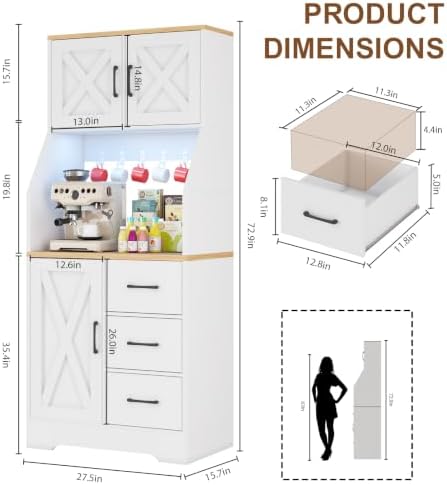 DreamDashio Pantry Cabinet with Adjustable Shelves and 3 Drawers, Tall Kitchen Pantry Storage Cabinet with LED Light & Charging Station, Kitchen Hutch with Microwave Shelf & 6 Hooks for Dining Room
