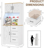 DreamDashio Pantry Cabinet with Adjustable Shelves and 3 Drawers, Tall Kitchen Pantry Storage Cabinet with LED Light & Charging Station, Kitchen Hutch with Microwave Shelf & 6 Hooks for Dining Room