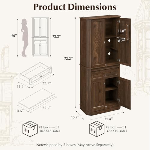 72.2" Tall Kitchen Pantry Cabinet with Doors, Farmhouse Storage Cabinet with Charging Station & LED Light, Drawer, Adjustable Shelves and Pull-Out Shelves, Walnut Wood Pantry Cupboard for Dining Room