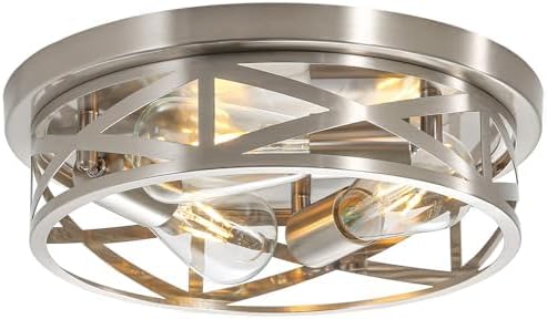 Brushed Nickel Cage Ceiling Light Fixtures,13 Inch Indoor Close to Ceiling Lights, 3-Light Round Vintage Metal Flush Mount Ceiling Lights for Bedroom, Living Room, Porch Kitchen