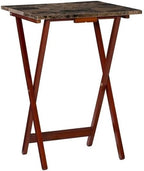 Riverbay Furniture 5 Piece TV Tray Table Set, Faux Marble Tops, Rubberwood and MDF, Brown Finish, Includes 4 Folding Tray Tables and 1 Storage Stand, Compact Design for Living Room or Home Use