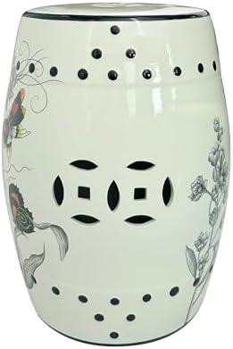 Hand-Painted Floral Bird Ceramic Drum Stool - Oriental Artistry Storage Ottoman, Accent Seat, End Table (The Butterfly‘s Floral Dance)
