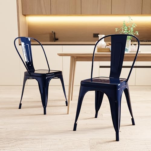 AC Pacific 18 Inch Seat Height Industrial Metal Dining Chairs, Stackable Kitchen or Bar Seat, Durable Modern Design, Versatile Accent Furniture, Set of 2, Dark Blue
