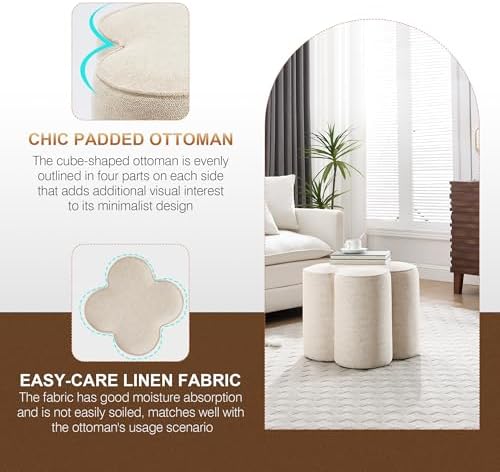 Zesthouse Flower Pouf Ottomans Foot Rest Set of 2, Linen Poofy Ottomans | Large Ottoman Footstool for Couch, Modern Living Room Stool Seat, Cute Square Vanity Stool for Bedroom, Beige Dorm Foot Stool