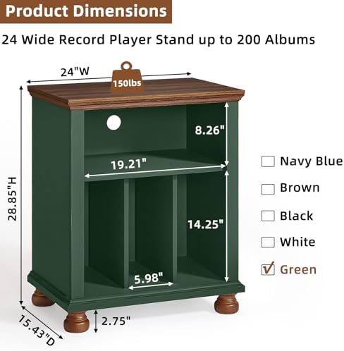 Joaxswe 24" Wide Record Player Stand with Vinyl Record Storage, Green | Mid-Century Record Player Table Up to 200 Albums,Large Wood Turntable Stand Cabinet Dispaly Shelf for Living Room,Bedroom