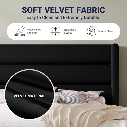 Allewie Full Size Platform Bed Frame with Velvet Upholstered Wingback Headboard, No Box Spring Needed, Under Bed Storage Space, Strong Wooden Slats, Modern Mattress Foundation, Easy Assembly, Black