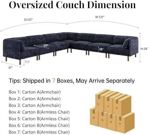 Cloud Sectional Couches for Living Room,Modular Sectional Sofa,Blue | V-Shaped Extra Deep 7 Seater,Mid Century Modern Oversized Sectional Couches with Solid Wood Leg,Large Sofa for Big Space