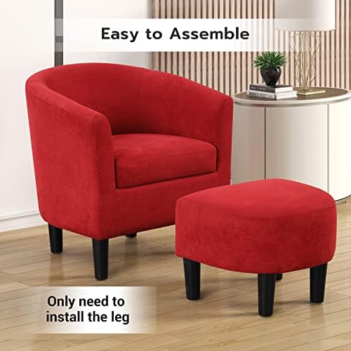 INZOY Modern Accent Chair with Ottoman for Small Space, Club Chair with Ottoman Set, Comfy Fabric Barrel Reading Chairs for Living Room Bedroom, Round Reading Chair with Foot Rest, Red