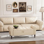 Apicizon 51” Bench with Storage, Faux Leather Ottoman Bench with Rolled Arm & Vintage Rivets, End of Bed Bench for Bedroom, Living Room, Entryway, Beige+Brown Legs