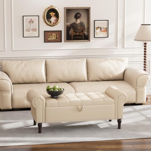 Apicizon 51” Bench with Storage, Faux Leather Ottoman Bench with Rolled Arm & Vintage Rivets, End of Bed Bench for Bedroom, Living Room, Entryway, Beige+Brown Legs