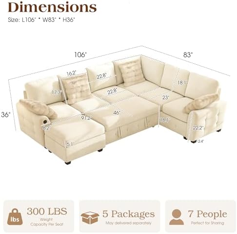 Ihanherry 106-inch Large L-Shaped Sectional Sofa Bed, 7-Seater Convertible Pull Out Sleeper with Storage Ottoman, 4 Pillows & USB Charging Ports, Premium Chenille Fabric for Big Living Room（Beige）