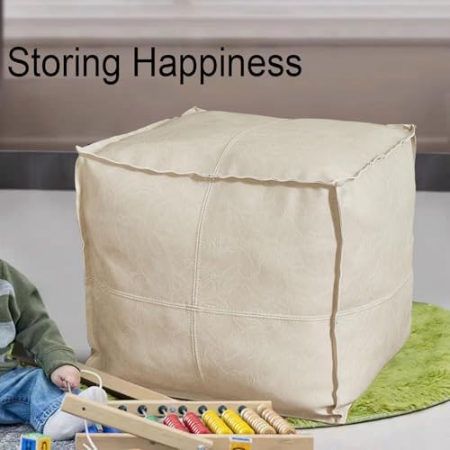 Louis Donné 17.7 Inch Unstuffed Square Pouf Ottoman Cover, Handmade Faux PU Leather Foot Rest Cover, Storage Floor Chair Cushion Case,White Decorative Pouf for Living Room Home,Only Cover No Filler