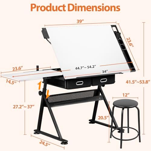 SUPER DEAL Adjustable Drafting Table Set with Charging Station, Tilting Drawing Desk Artist Desk with Stool Multifunctional Art Craft Workstation with 2 Storage Drawers, White