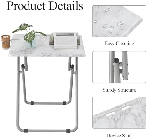 TV Tray Table,Folding Table with Cup Holder Portable,Foldable Snack Tray for Eating,Small Folding Tables Set of 2,Dinner Tables for Couch, Living Room,Small Space (White Marble,2Pcs)