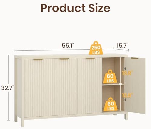 Fluted Buffet Cabinet with Storage, 55" Sideboard Cabinet with 4 Doors, Modern Credenza Accent Console Cabinet Coffee Bar Table for Living Room Dining Room Hallway, Natural