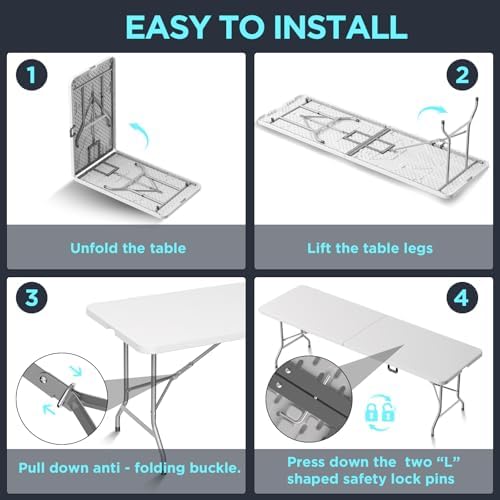 Folding Table Picnic Table, 8 ft Camping Table with Handle and Safety Locks | Foldable Portable Dining Table, Heavy Duty HDPE Plastic, Indoor Outdoor for Camping, Picnic and Party