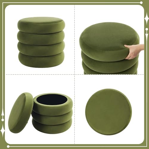 Flouki 19.5" Storage Ottoman Round, Vanity Stools for Bedroom, Velvet Pouf Ottoman with Removable Lid, Modern Ottomam Stool for Girls Women, Foot Stool for Living Room, Green