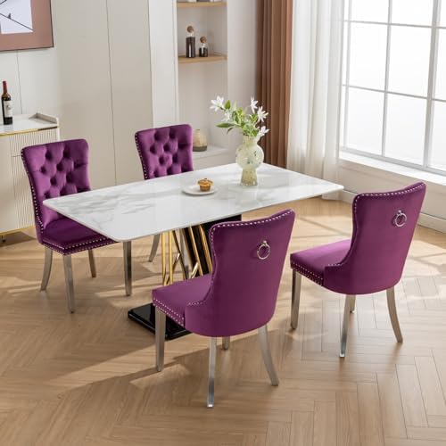 Velvet Dining Chairs Set of 4, Tufted Upholstered High Wingback Chairs with Nailhead Trim & Pull Ring, Silver Stainless Steel Legs for Dining Room, Sillas de Comedor, Purple