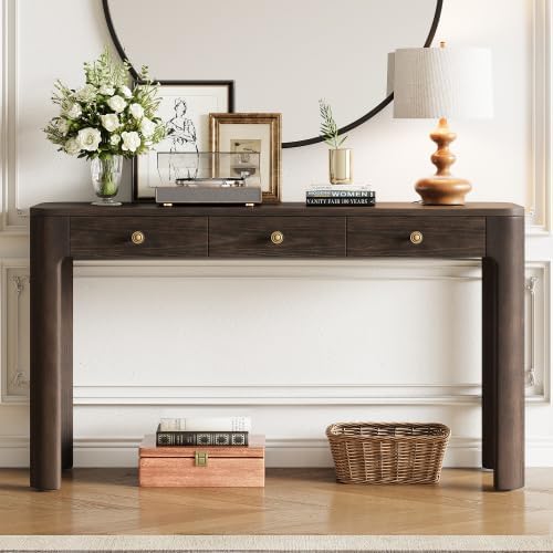 Bellemave 52" Rustic Console Table with 3 Drawers & Curved Corners, Wooden Sofa Tables Behind the Couch, Narrow Entryway Table with Thick Legs for Entrance, Hallway & Living Room (Espresso)