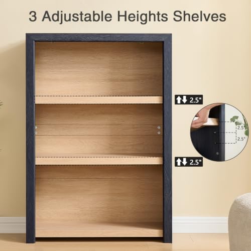 Book Shelf, 3-Tier Bookshelf with Adjustable Shelves,Free Standing Modern 48'' Tall Bookcase with Open Display Storage,Floor Vintage Bookshelves for Living,Office (2, Gray Black / Natural, 3-Tier)