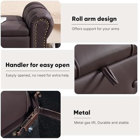 Storage Bench 51" Faux Leather End of Bed Benches Dark Brown | Queen Size Storage Bench for Bedroom with Rolled Arms Tufted Ottoman Benches Upholstered Bench for Living Room Entryway