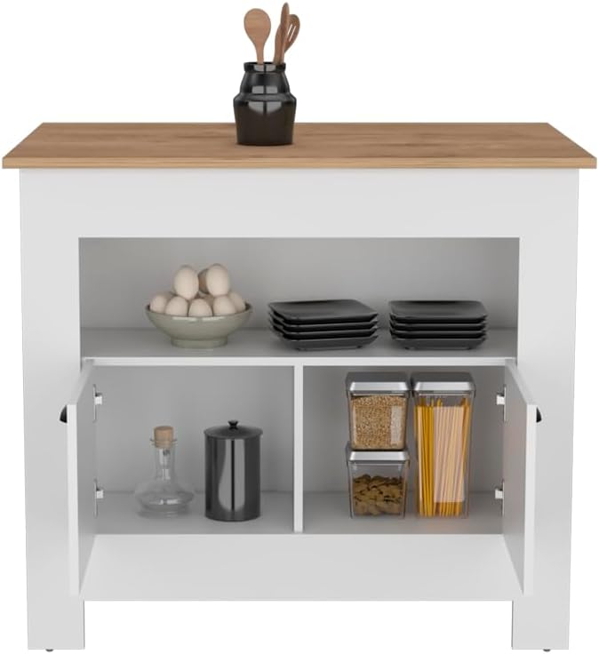 Kitchen Island Geneva, White/Macadamia with Spacious Workspace and Ample | 40.5" x 27.5" Macadamia countertop with ample storage and engineered wood frame