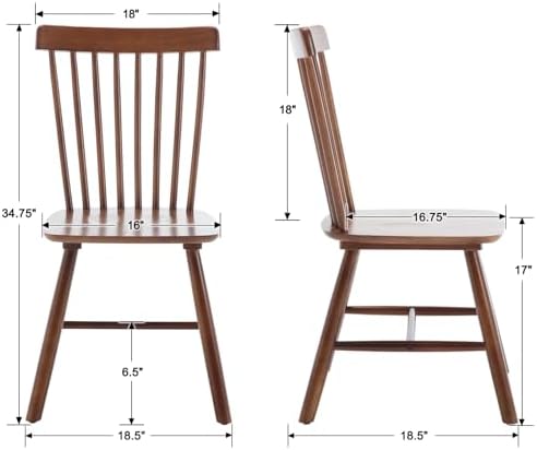 Windsor Dining Chairs Set of 2, Farmhouse Kitchen & Dining Room Chairs with Spindle Back, Comfy Armless Solid Wood Side Chair for Home/Living Room/Restaurant, Walnut Wood