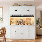 FJTJBSI 72" Tall Pantry Storage Cabinet with LED Light 55" Wide Kitchen Pantry Cabinet with Charging Station and Adjustable Shelves Modern Kitchen Hutch with Wine Rack and Large Countertop White