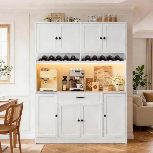 FJTJBSI 72" Tall Pantry Storage Cabinet with LED Light 55" Wide Kitchen Pantry Cabinet with Charging Station and Adjustable Shelves Modern Kitchen Hutch with Wine Rack and Large Countertop White