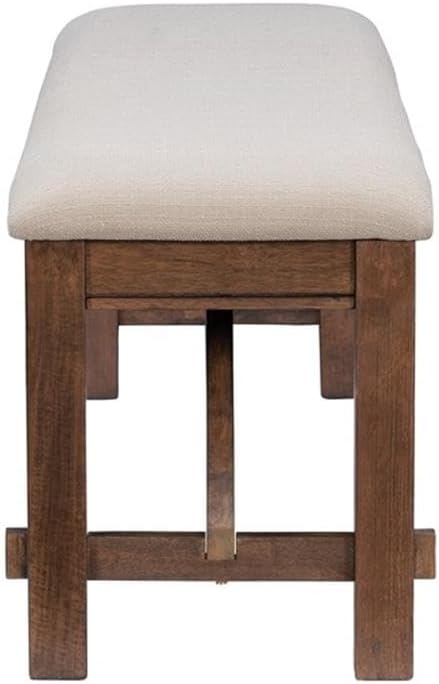 Pemberly Row 60" Wood/Fabric Bench, Rustic Umber Brown Finish, Tan Upholstered Seat, Durable Rubberwood Construction, Transitional Style Bench for Dining Room or Entryway Seating