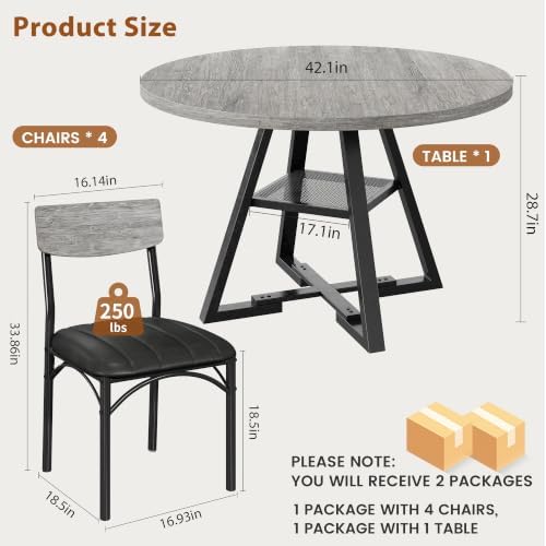 Dining Table Set for 4,Kitchen Table and Chairs for 4, Round Dining Room Table with Upholstered Chairs, 5 Piece Space Saving Circle Wood Kitchen & Dining Room Dinner Dinette Table Set (Gray, 42In)