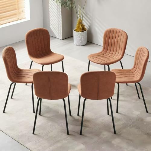 Small Dining Chairs Set of 6, Modern Mid Century Faux Leather Dining Room Chairs with Black Metal Legs, Kitchen Home Living Room Restaurant Apartment, Space-Saving, Brown