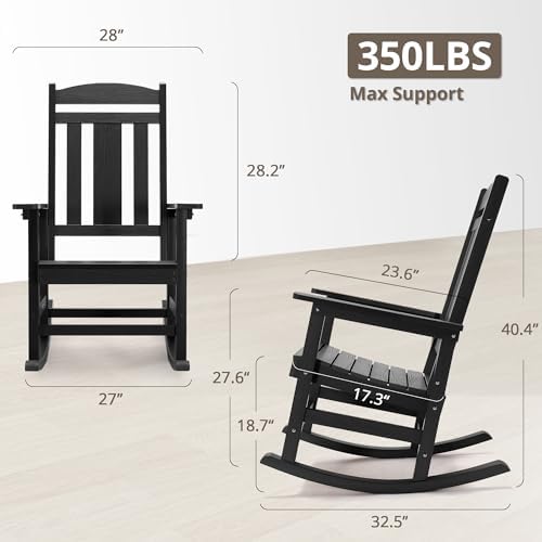 LUE BONA Outdoor Rocking Chairs Set of 2, Weather Resistant Poly Plastic Rocker, 350lb Heavy Duty, Oversized Porch Rocker for Adult, High Back Smooth for Outdoor & Indoor, Black