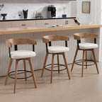 Ya-Home Mid-Century Bar Stools Set of 3, 26 Inch Swivel Counter Height Stools Linen Fabric Barstools with Barrel Backrest Wooden Legs for Kitchen Island Dining Room, White