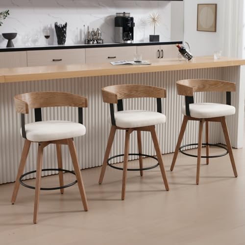 Ya-Home Mid-Century Bar Stools Set of 3, 26 Inch Swivel Counter Height Stools Linen Fabric Barstools with Barrel Backrest Wooden Legs for Kitchen Island Dining Room, White