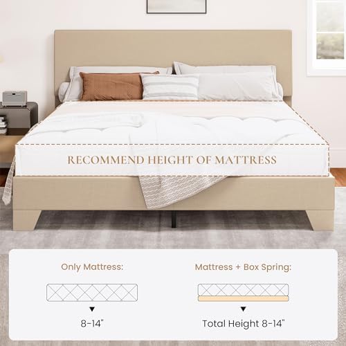 SHA CERLIN Linen Upholstered Full Size Bed Frame with Headboard, Beige
