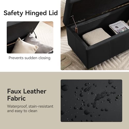 WUTUTUEE 41" Faux Leather Storage Ottoman, Stitch Tufted Rectangle Upholstered End of Bed Storage Bench, Entryway Large Couch Ottoman with Wooden Legs, Dark Black
