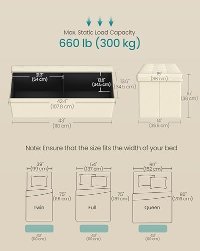 SONGMICS 43.3 Inches Folding Storage Ottoman Bench, Load 660 lb | Ottoman Foot Rest, Storage Chest, for Living Room, Entryway, Cream White and Ink Black, MINOTA Collection ULSF77BE