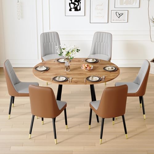 Wood Dining Table Set for 6｜ 42" Round to 54" Oval Dining Table Set for 6｜Wood Extendable Dining Room Table with Thick Cushion PU Chairs｜Stable and Sturdy｜Space Saving｜Easy Assembly