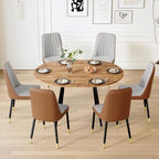 Wood Dining Table Set for 6｜ 42" Round to 54" Oval Dining Table Set for 6｜Wood Extendable Dining Room Table with Thick Cushion PU Chairs｜Stable and Sturdy｜Space Saving｜Easy Assembly