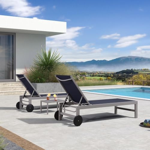 PURPLE LEAF Patio Lounge Chair Set for 2, All Weather Aluminum, Navy Blue | Powder-coated aluminum holds 270 lbs, quick-dry Textilene mesh, 5-position flat recline, smooth wheels, included side table
