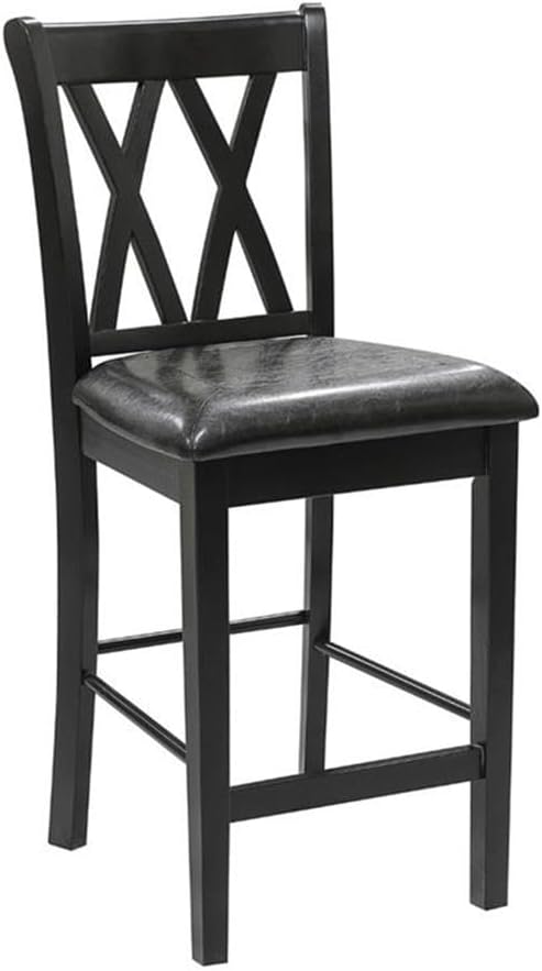 MAKLAINE 5 Piece Solid Wood Counter Height Dining Set, Black Finish, Table with 2 Shelves and 4 X-Back Chairs, Faux Leather Seat Upholstery, 39.5 in Table for Kitchen or Dining Room