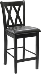 MAKLAINE 5 Piece Solid Wood Counter Height Dining Set, Black Finish, Table with 2 Shelves and 4 X-Back Chairs, Faux Leather Seat Upholstery, 39.5 in Table for Kitchen or Dining Room