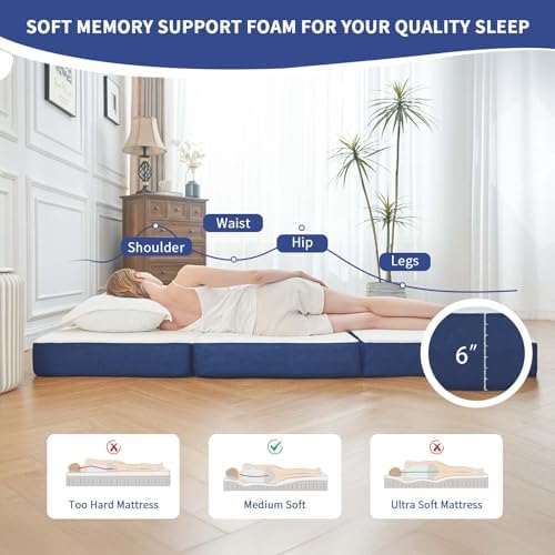 CYMULA Folding Mattress Twin, 6 Inch Memory Foam Tri-Fold Floor Bed and Futon,Twin Topper with Breathable & Washable Cover,Foldable Mattress for Guest Bed, Office Nap,Camping,White，38"x75" 6"