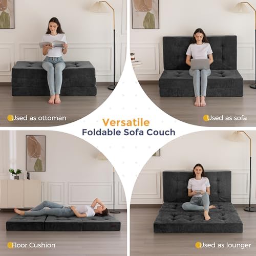 MAXYOYO 6" Folding Sofa Bed for Floor, Tufted Tri-Fold Floor Mattress | Queen Size Portable Sofa Couch Guest Mat with Chenille Fabric for Adults, Foldable Topper for Camping, Dark Grey, Queen